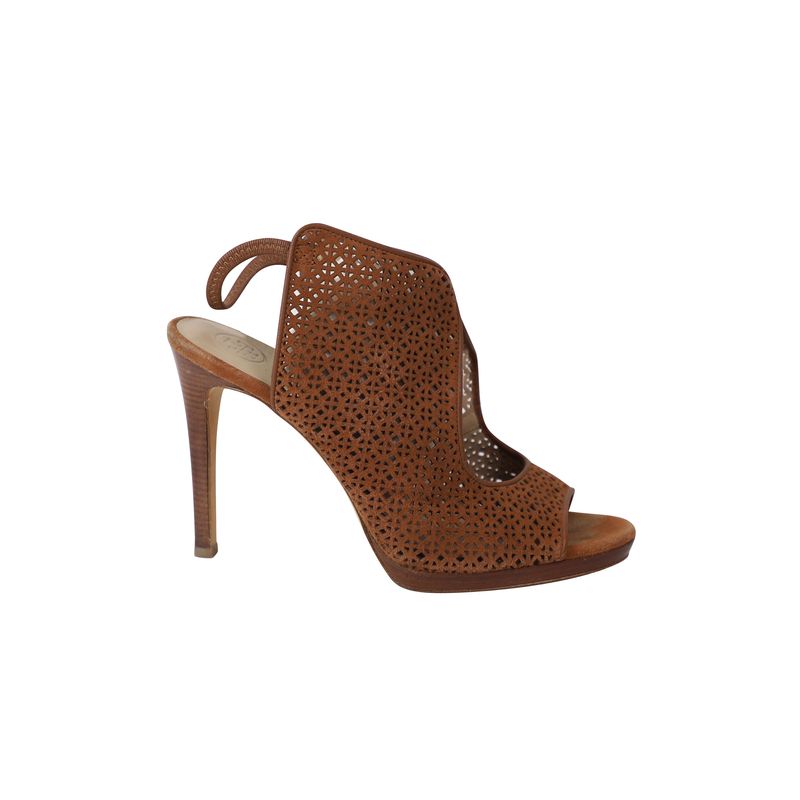 Tory Burch Laser Cut Peep-Toe Sandals In Brown Leather